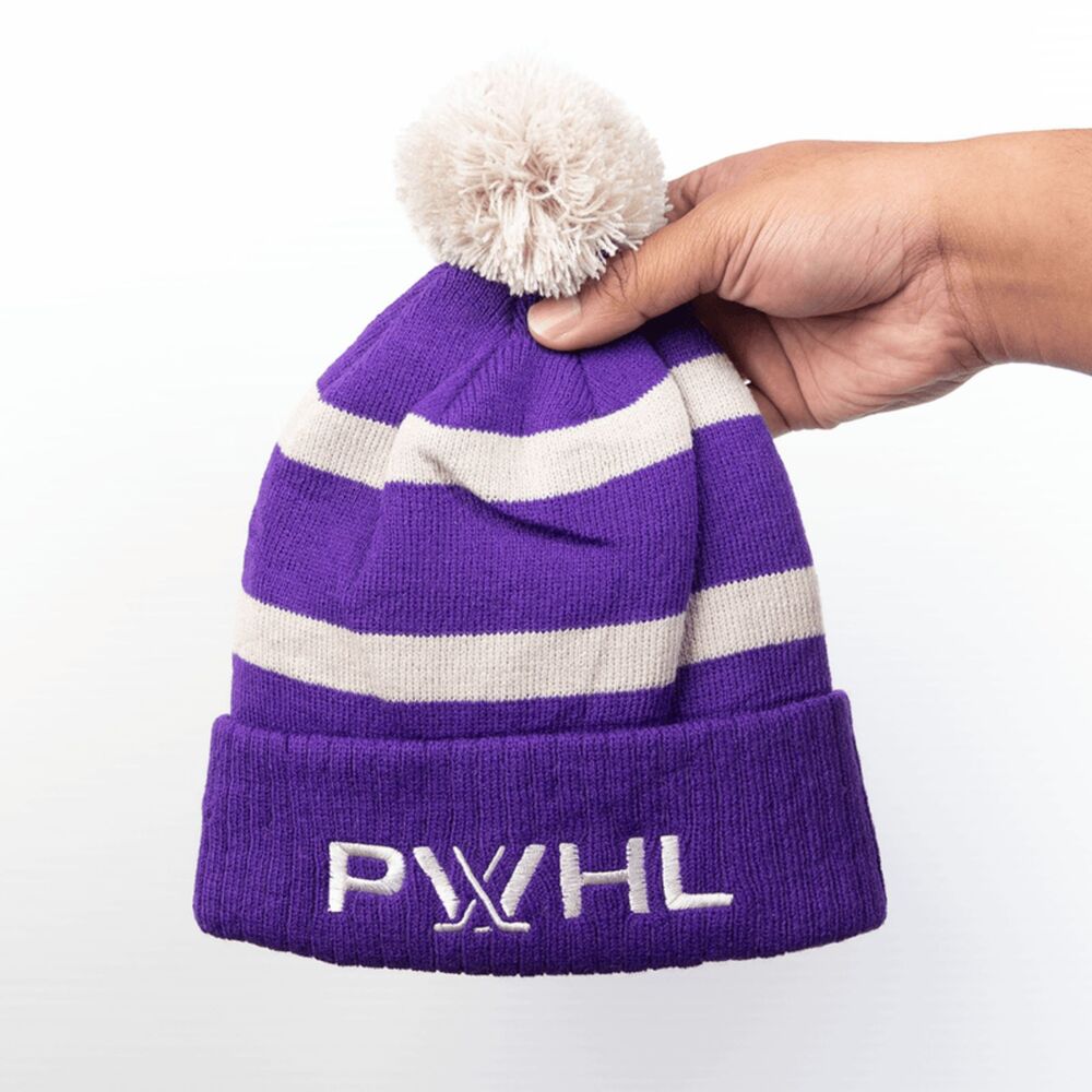 PWHL Purple White Stripe Embroidered Beanie Pom Pom One Size NWT Hockey